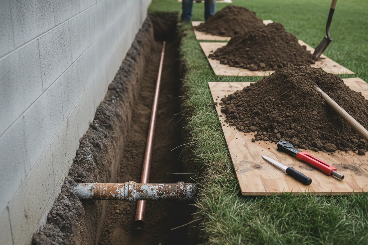 Excavated water line trench during Sewer Line Repair in Mc Caysville